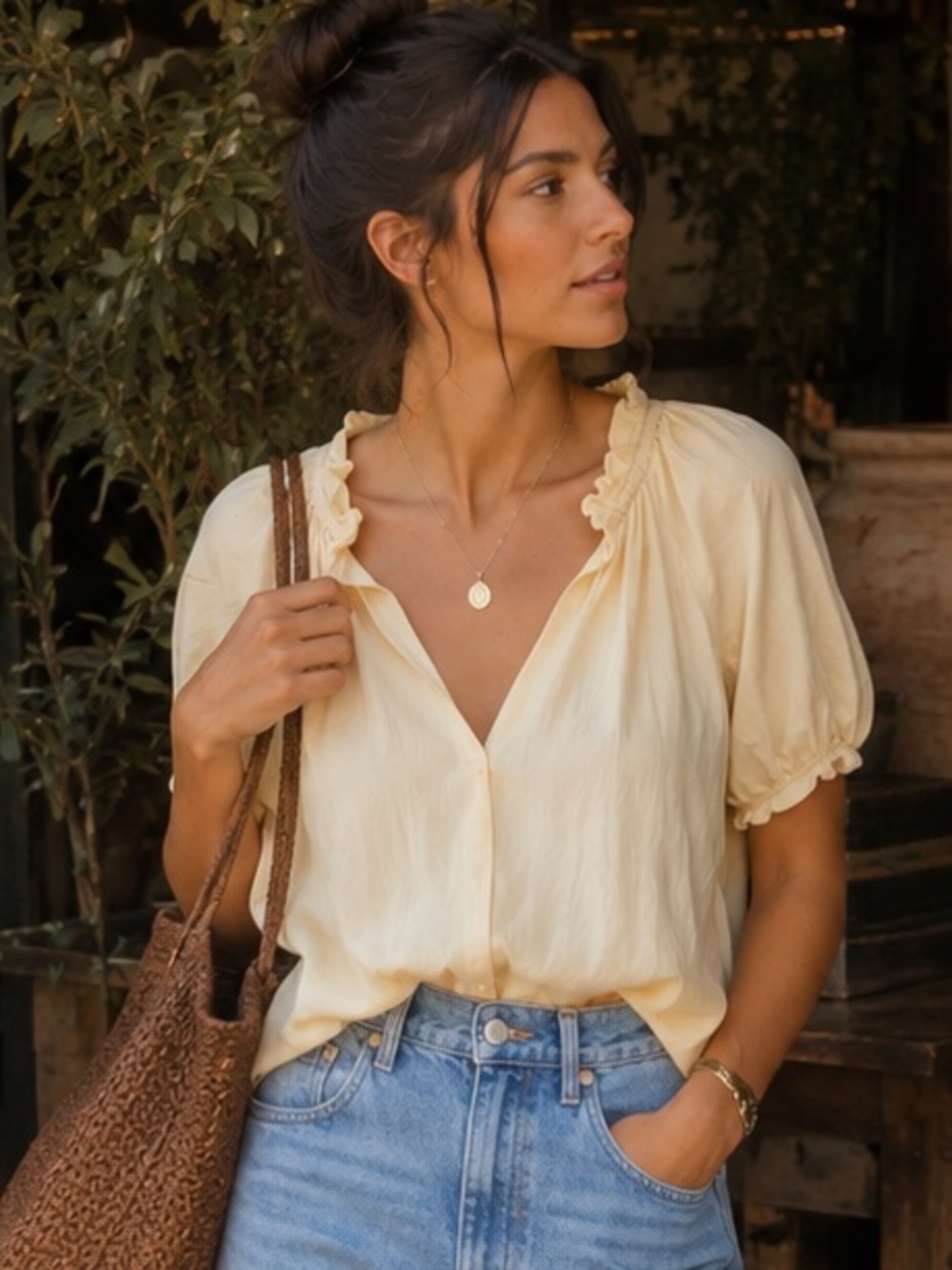 ANA New Approach 100% Cotton Puff Sleeve Blouse XS Butter Yellow Cottagecore